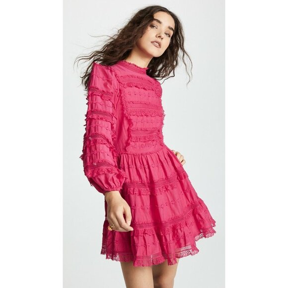 ULLA JOHNSON Amour Fuchsia Pink Cotton Lace Ruffle Balloon Sleeve Dress, Size 6 - Picture 2 of 16